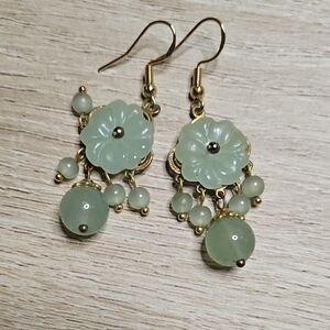 Gold-Tone Pale Green Floral Drop Earrings